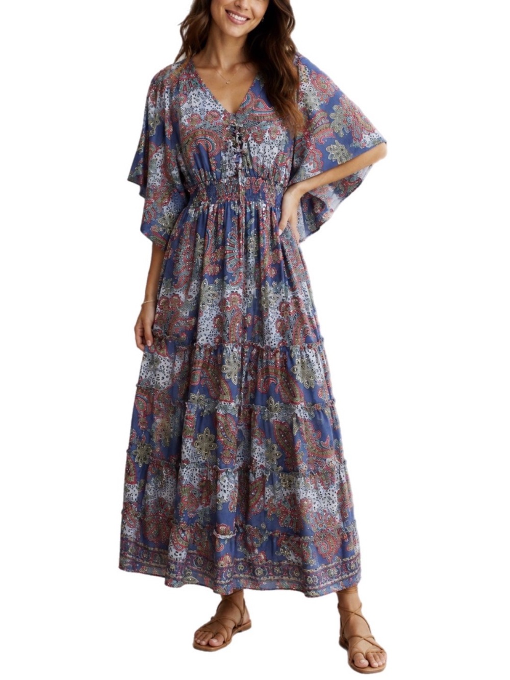 L Boemo Women’s Blue Paisley Animal Tiered Bohemian Maxi Dress Smocked Waist